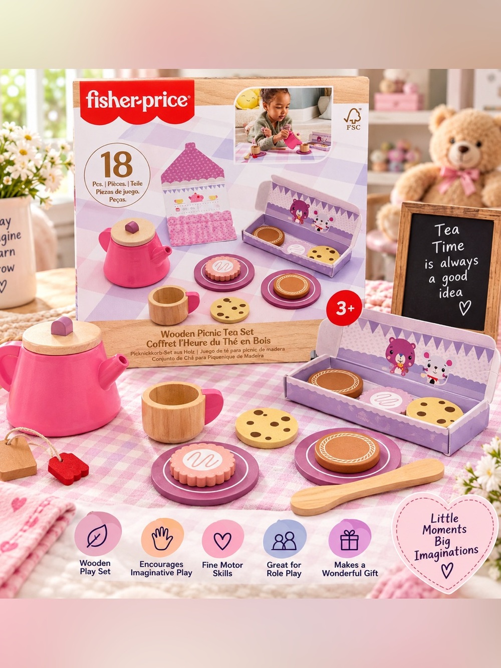 Fisher-Price Pink and Purple Wooden Picnic Tea Set with Natural Wood Cups